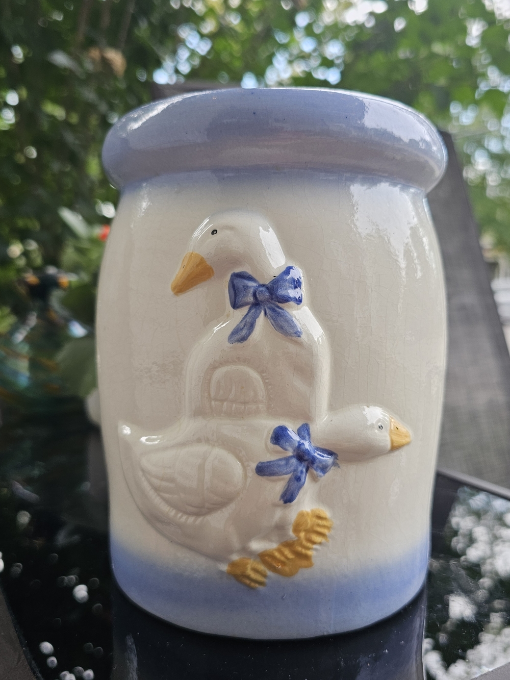 Vintage 1980s Country Geese Blue Spongeware Ceramic Kitchen Crock